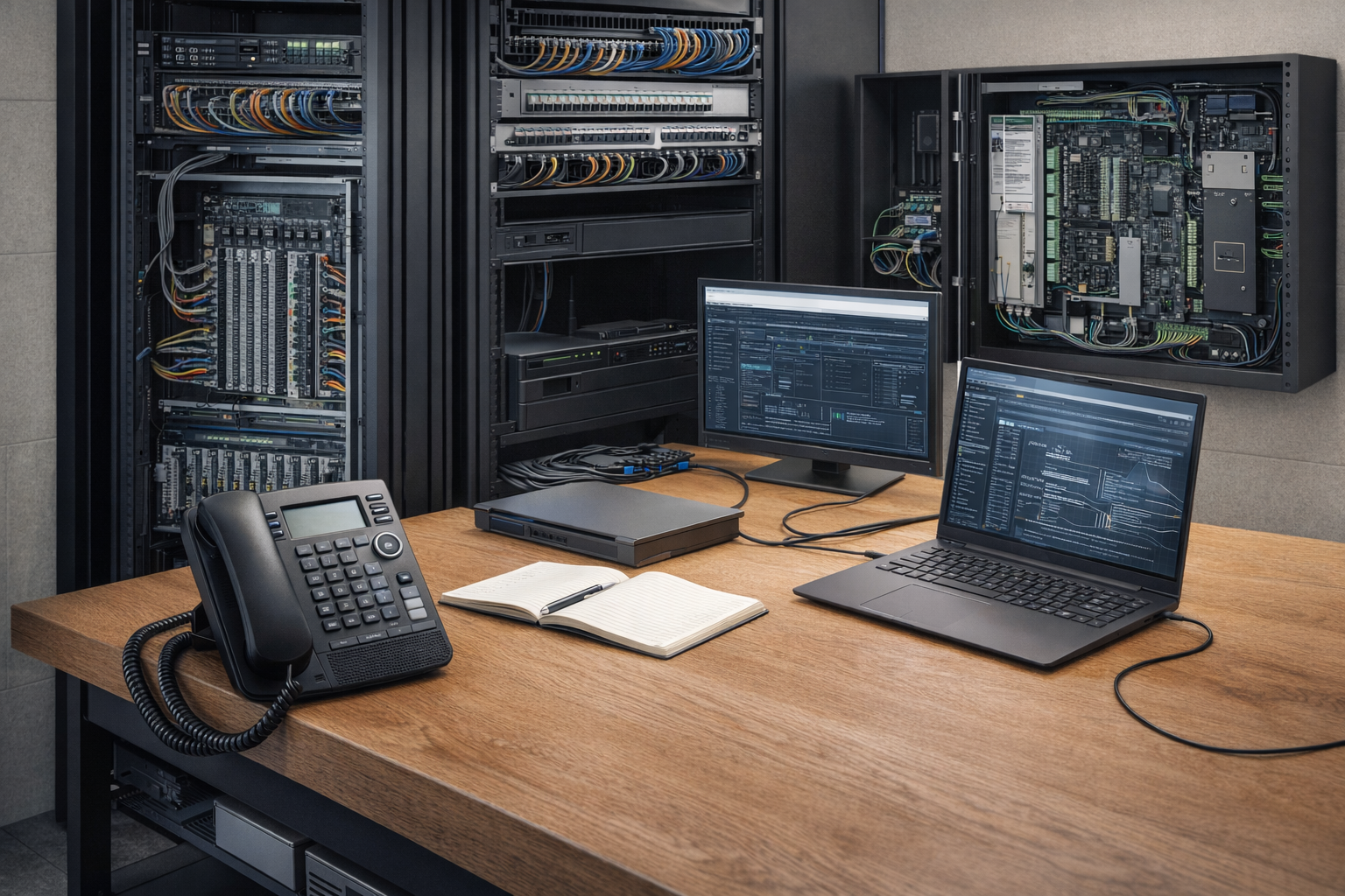 Telecom and security service bench with desk phone, monitors, and organized equipment racks.
