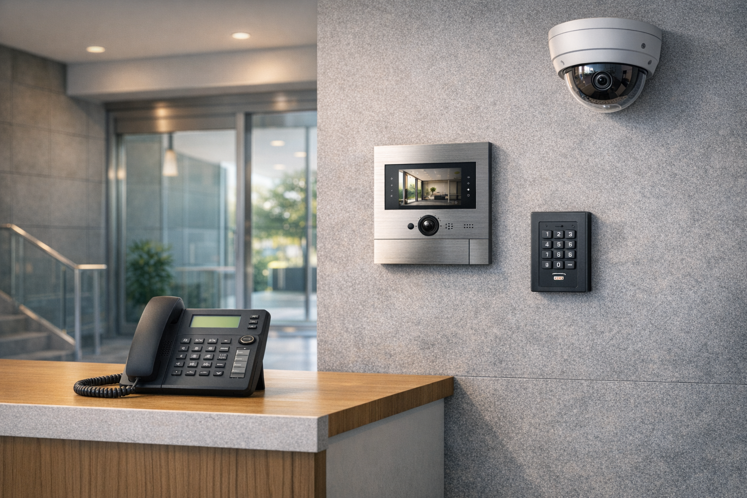 Integrated commercial entry setup with intercom, access keypad, desk phone, and surveillance camera in a bright lobby environment.