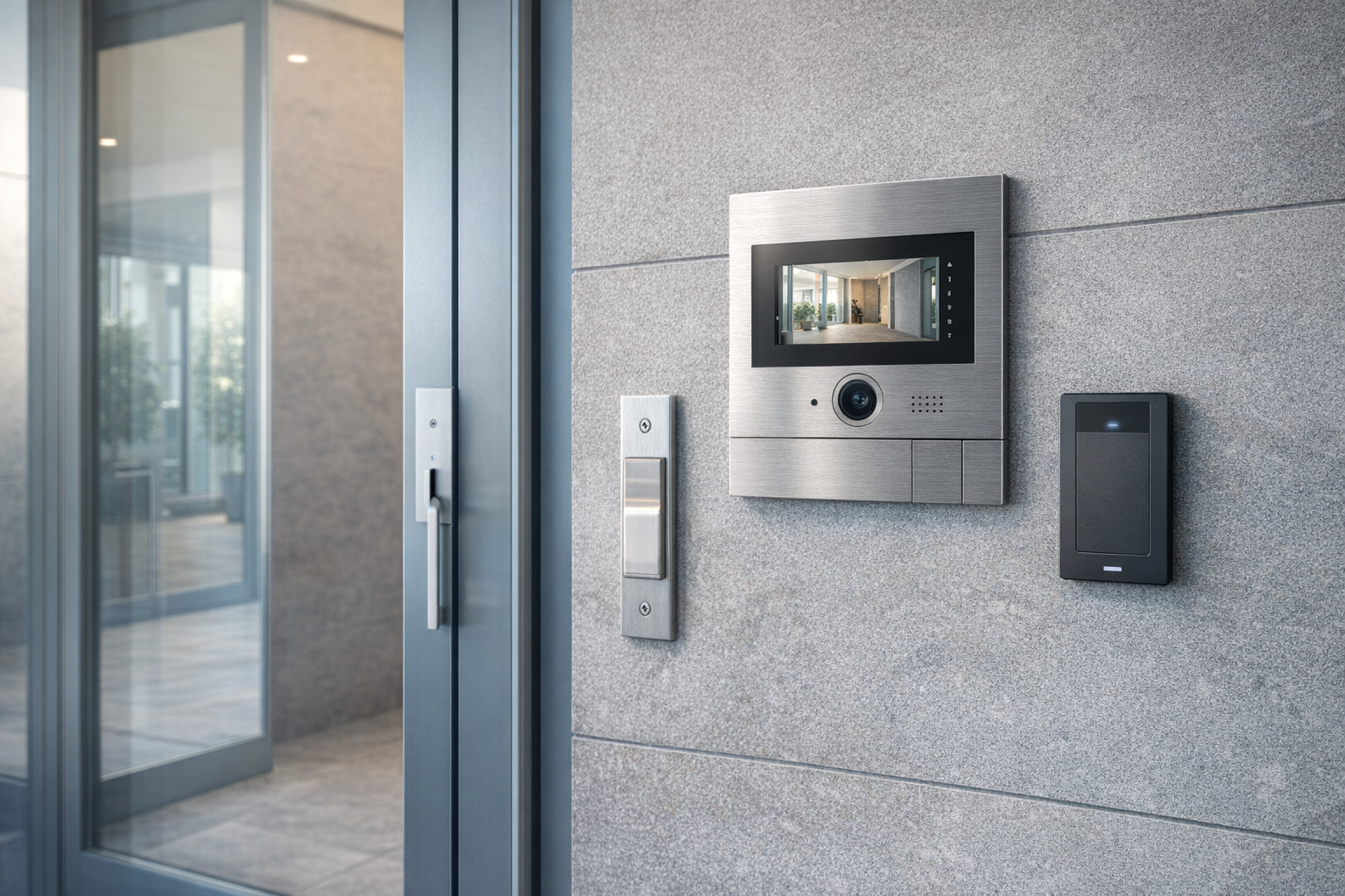 Modern building entry wall with video intercom, reader, and release hardware.