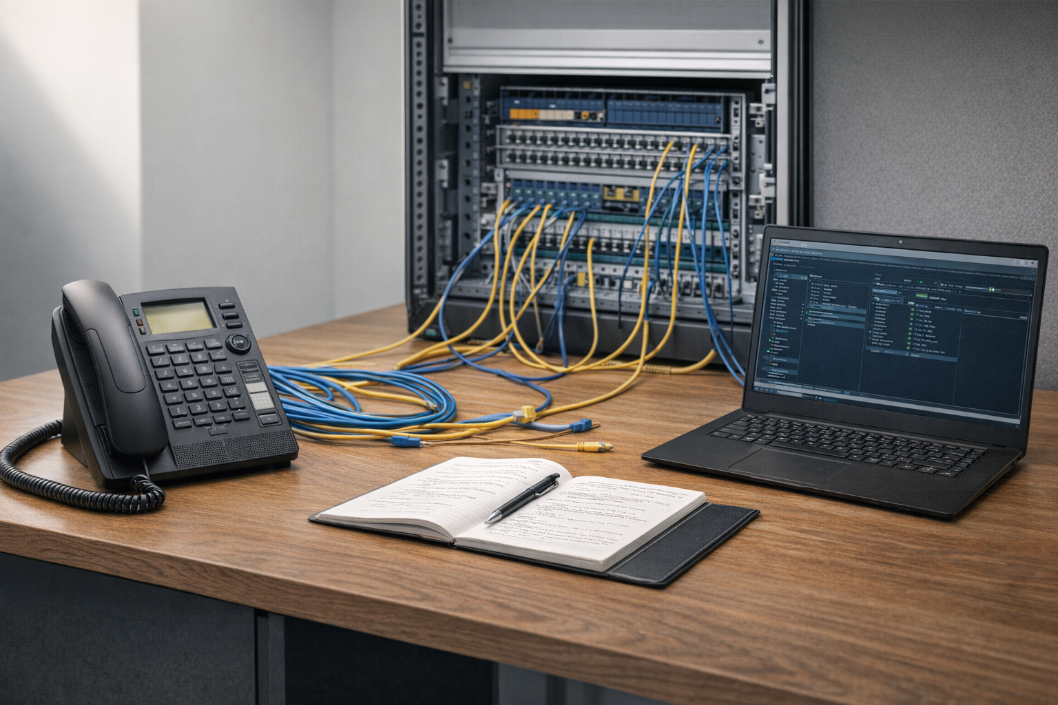 Phone system software and support bench with desk phone, laptop, and PBX hardware.