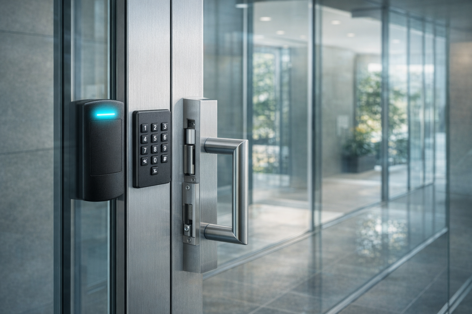 Glass office entrance with badge reader, keypad, and controlled entry hardware.