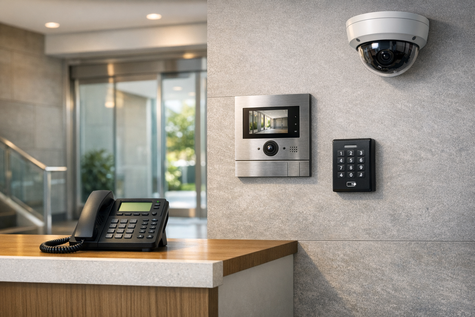 Commercial entry area showing phone, intercom, keypad, and surveillance camera working together.